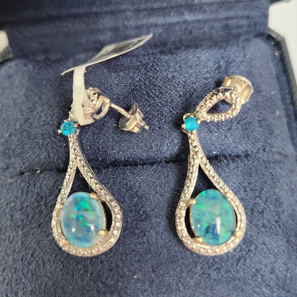 NWT 925 Natural Blue Ridge Opal Triplet & Apatite Art Deco Style Stud Earrings - Picture 14 of 14
